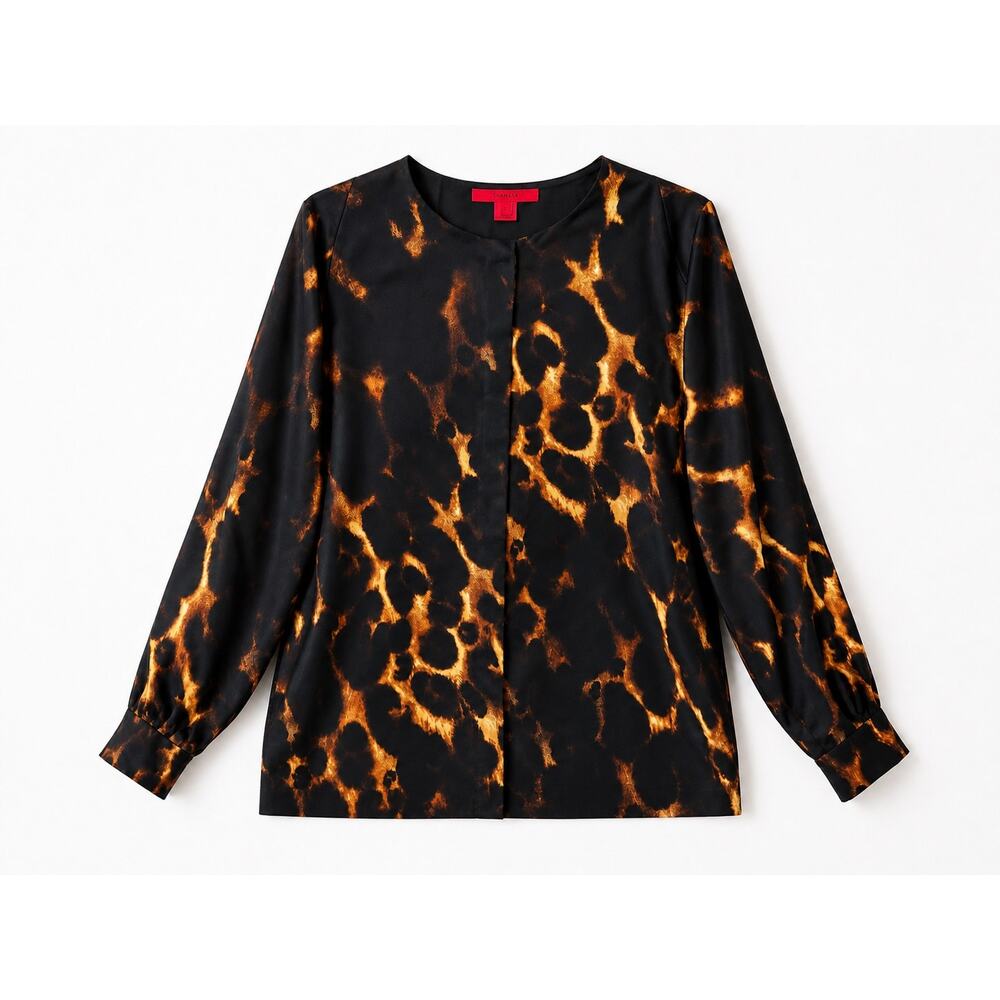 SHAMASK 100% Silk Leopard Print Blouse Hidden Snap Front Designer | Size 2 M/L